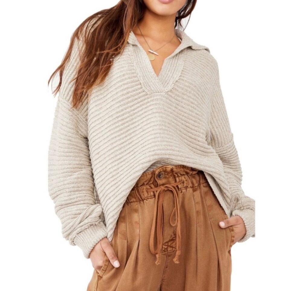 Free People Marlie Pullover Sweater in Oatmeal Beige Size Large